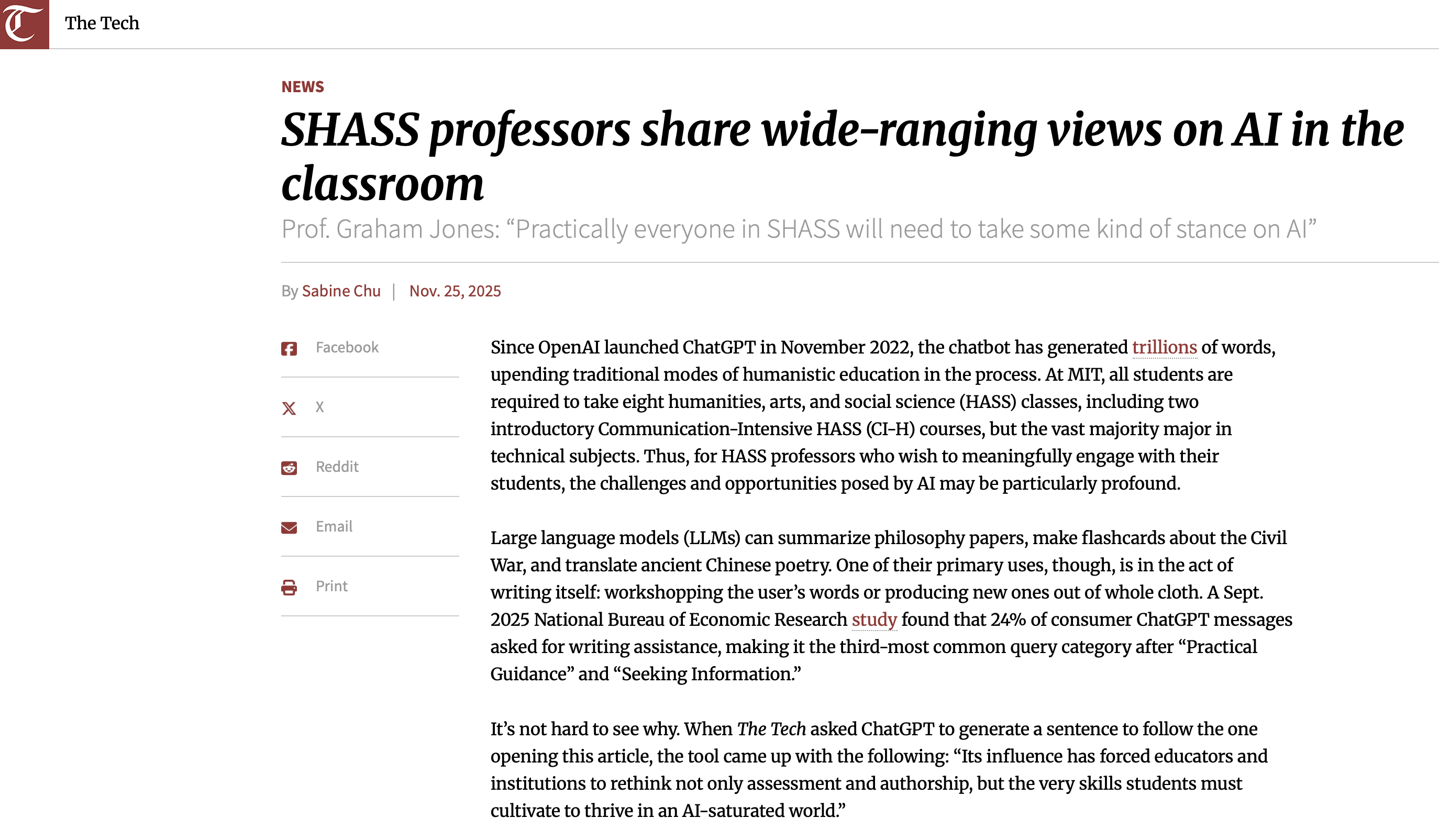 MIT Tech | Lit Faculty featured in “SHASS professors share wide-ranging views on AI in the classroom”